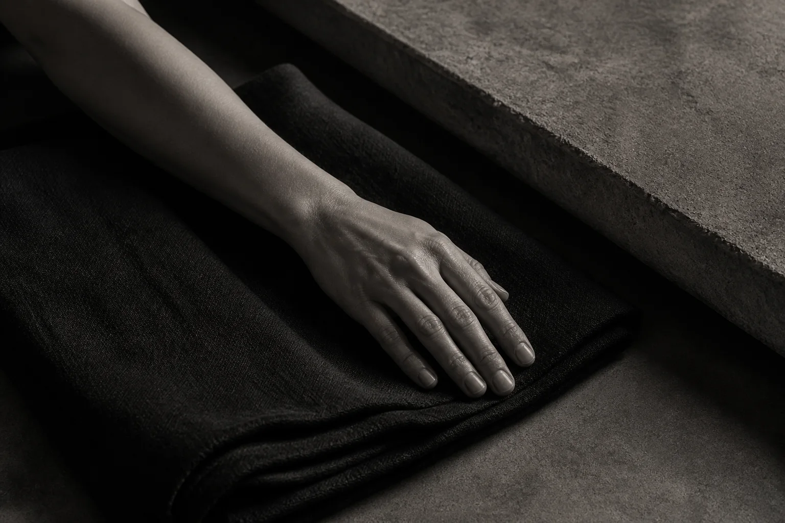 An anonymous hand resting on folded black fabric beside raw concrete
